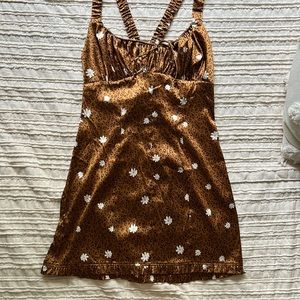 NWT For Love and Lemons brown satin printed mini dress